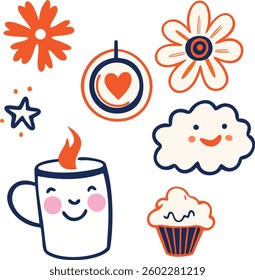 A collection of cartoon characters and objects, including a cup, a cupcake, a flower, a heart, a cloud, and a star. Scene is cheerful and playful, with the characters