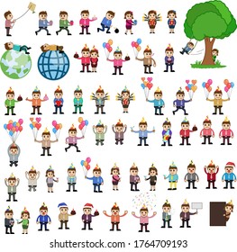 collection of cartoon characters with poses and holiday and balloon and festival and celebrate and party  and birthday party and swing and earth and tree with vector illustrator