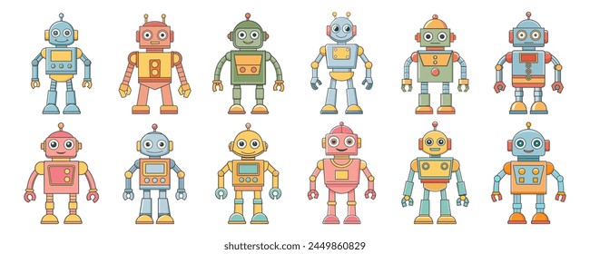 Collection of cartoon characters robots and droids. Adorable children's cartoon kawaii, cute funny robots, pastel colors. Vector set