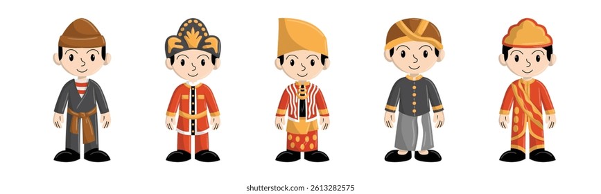 A collection of cartoon characters showcasing the rich diversity of Indonesian traditional clothing, perfect for cultural or educational projects.