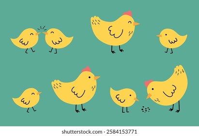 Collection of cartoon chicks and chickens. Easter chicks. Vector illustration.