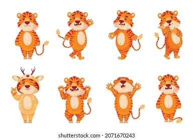 Collection of cartoon Chinese red striped tigers in different poses. Various emotions, symbol of 2022