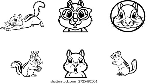 colección de caras de ardilla de dibujos animados e ilustraciones de cuerpo completo Seis dibujos de líneas en blanco y negro