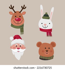 collection of cartoon christmas characters in winter warm accessories santa claus bear deer and bunny
