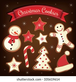 Collection of cartoon Christmas cookies (Gingerbread). Vector illustration