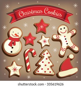 Collection of cartoon Christmas cookies (Gingerbread). Vector illustration