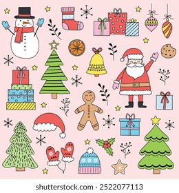 Collection of cartoon Christmas decoration elements. Holiday clip arts: Santa Claus, snowman, cookie and tree. Vector illustration