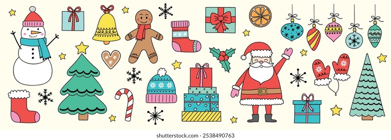 Colección de Elementos de decoración de Navidad de dibujos animados. Festiva artes de Clip: Papá Noel, muñeco de nieve, galleta y árbol. Ilustración vectorial