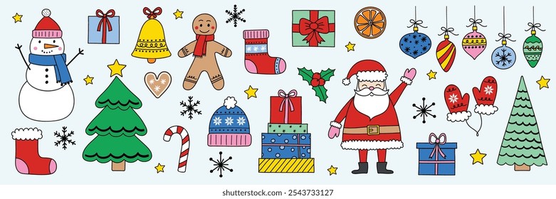 Coleção de elementos de decoração de Natal de desenhos animados. Natal clip arts: Papai Noel, boneco de neve, cookie e árvore. Ilustração vetorial