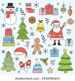 Collection of cartoon Christmas decoration elements. Holiday clip arts: Santa Claus, snowman, cookie and tree. Vector illustration