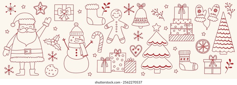 Collection of cartoon Christmas decoration elements. Holiday clip arts: Santa Claus, snowman, cookie and tree. Vector illustration