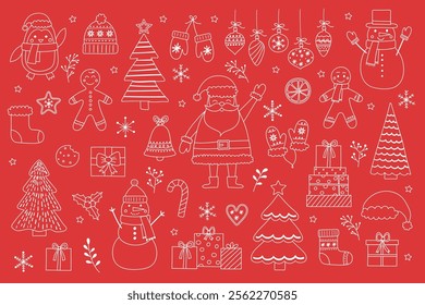 Collection of cartoon Christmas decoration elements. Holiday clip arts: Santa Claus, snowman, cookie and tree. Vector illustration