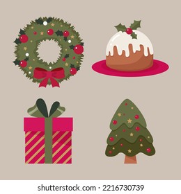 collection of cartoon christmas elements fir wreath gift christmas cake and christmas tree