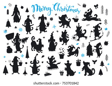 collection of cartoon christmas and happy new year dogs silhouettes 