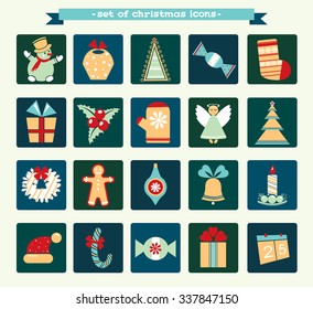 Collection of cartoon christmas and new year icons. Winter vector illustration.