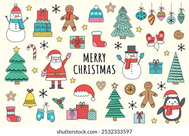 Collection of cartoon Christmas ornaments. Holiday icons: Santa Claus, snowman, cookie and tree. Vector illustration