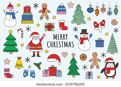 Collection of cartoon Christmas ornaments. Holiday icons: Santa Claus, snowman, cookie and tree. Vector illustration