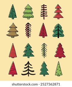 Collection of a cartoon Christmas tree clip arts. Holiday ornaments. Vector illustration