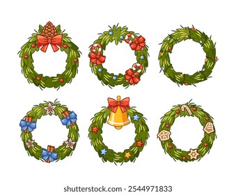 Collection Of Cartoon Christmas Wreaths With Ribbons, Pine Cones, And Decorations Symbolizing Festive Joy And Holiday Spirit Creating A Warm And Inviting Atmosphere Perfect For Seasonal Celebrations