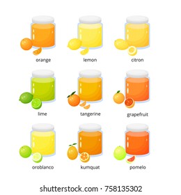 Collection of cartoon citrus jams or marmalades in glass isolated on white background.