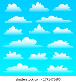 Colección de nubes de dibujos animados sobre un fondo azul. Elementos del cielo realistas. Divertidos iconos de las nubes de dibujos animados para llenar tus escenas del cielo. Ilustración del vector