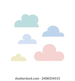 Colección de nubes de dibujos animados en suaves colores pastel aisladas sobre fondo blanco.