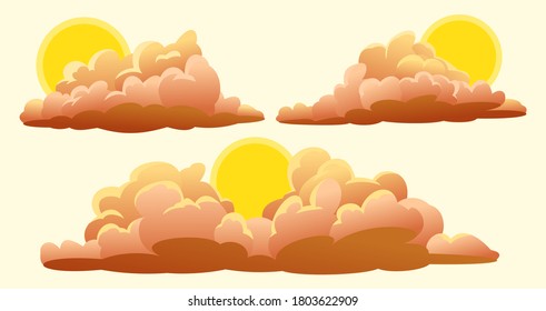 Collection of cartoon clouds with sun. Vector illustration.