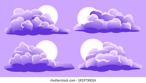 Collection of cartoon clouds with sun. Vector illustration.
