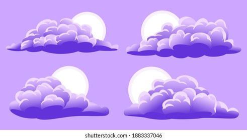 Collection of cartoon clouds with sun. Vector illustration.