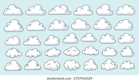 Eine Sammlung von Cartoon-Wolken in verschiedenen Formen und Größen auf hellblauem Hintergrund.