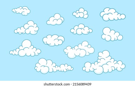 Collection cartoon clouds vector in the blue sky. Clouds in hand-drawn cartoon design