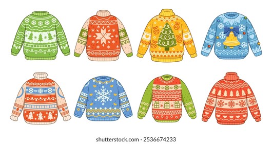 Collection Cartoon Colorful Christmas Sweaters with Festive Designs like Trees Bells And Snowflakes Perfect For Holiday