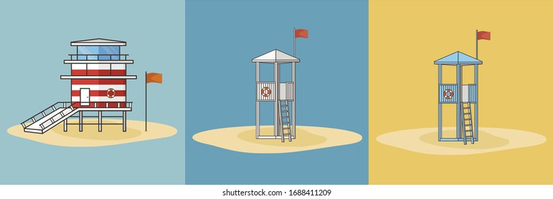 Collection of cartoon colorful lifeguard stations towers. Vector flat summer illustration.
 svg