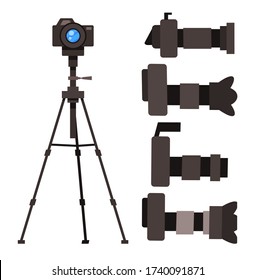 Collection of cartoon colorful vector icons isolated at white background. Set of professional high resolution cameras, digital cameras with removable lens, side view. Reflex camera at tripod