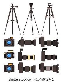 Collection of cartoon colorful vector icons isolated at white background. Set of professional high resolution cameras, digital camera, front and side view., tripods, photocamera with removable lens