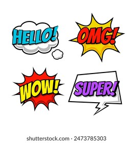 Collection of Cartoon, Comic Speech Bubbles. Colored Dialog Clouds with Halftone Dot Background in Pop Art Style