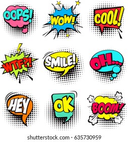 Collection of Cartoon, Comic Speech Bubbles. Colored Dialog Clouds with Halftone Dot Background in Pop Art Style. Vector Illustration for Comics Book. Speech Bubbles with Word and Sound Illustration