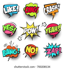 Collection of Cartoon, Comic Speech Bubbles. Colored Dialog Clouds with Halftone Dot Background in Pop Art Style. Vector Illustration for Comics Book. Speech Bubbles with Word and Sound Illustration