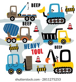Collection of cartoon construction machinery and road signs on light background. Construction equipment concept