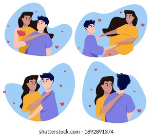 Collection of cartoon couples in blue spots isolated on white background. Enamored man and woman in love. Vector illustration