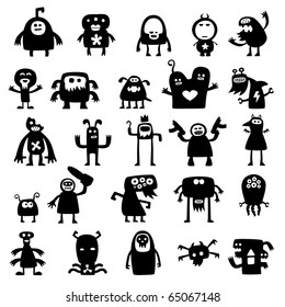 Collection of cartoon crazy funny monsters silhouettes