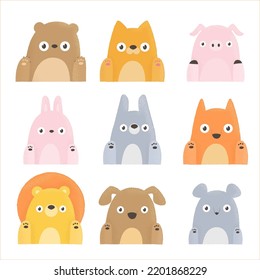 Caricatura de colección animales lindos, gato, zorro, oso, león, cerdo, conejo, ratón, perro para el diseño, libros imprimir carteles de bienvenida tarjeta postal