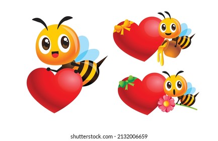 Colección de caricaturas adorables abejas con caracol vacío en forma de caracol. Personaje abejorro sosteniendo una olla de miel y una flor con un signo de amor en blanco para el día de la madre y el día de San Valentín. Ilustración de carácter de vector