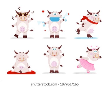 Collection cartoon cute cow. Animal bull 2021, cow year. Happy chinese new year 2021, year of ox. Color bulls chinese new year symbol. Vector illustration