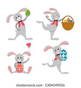 Collection cartoon cute Easter bunny with egg. Set funny rabbit for holiday design