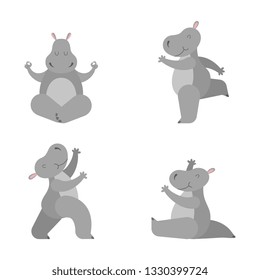 Collection cartoon cute hippo practicing various yoga position. 