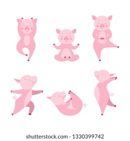 Collection cartoon cute pig practicing various yoga position. 