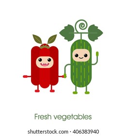 Collection of cartoon Cute smiling vegetables - cucumber, pepper. Healthy style collection. 