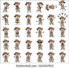 Collection of Cartoon Detective Agent Poses - Set of Concepts Vector illustrations