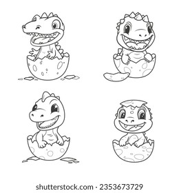 Collection of cartoon dinos in eggs. Kid dinosaurs for coloring book. Vector illustration isolated on a white background